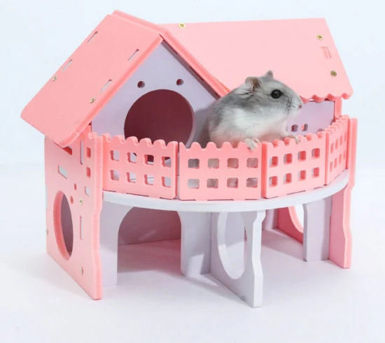 Casa de hamster de 2 andares com escadas adorável animal de estimação castelo rosa esconderijo gaiola de rato rato hamster ninho casa de madeira de duas camadas dormindo exercício jogando brinquedo wbb17424